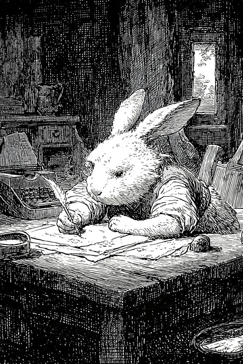 Ein Hase mit Monokel schreibt mit einer Feder an einem Schreibtisch, im Stil einer Vintage-Illustration.