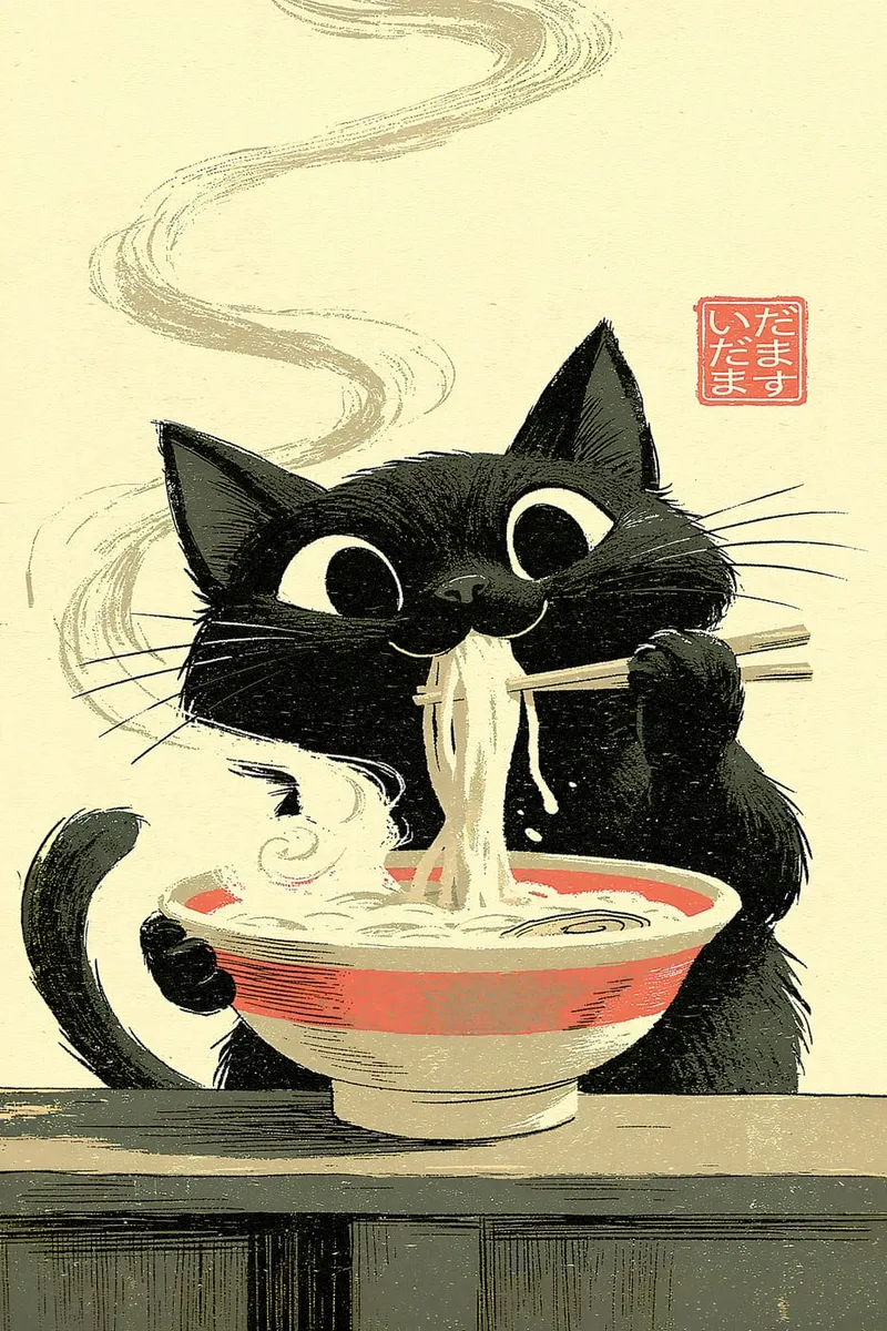 Schwarze Katze mit Nudelschale