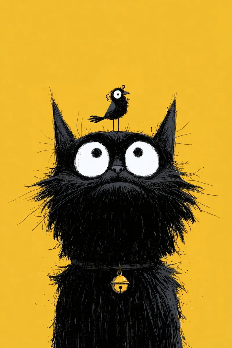 Schwarze Katze mit Vogel