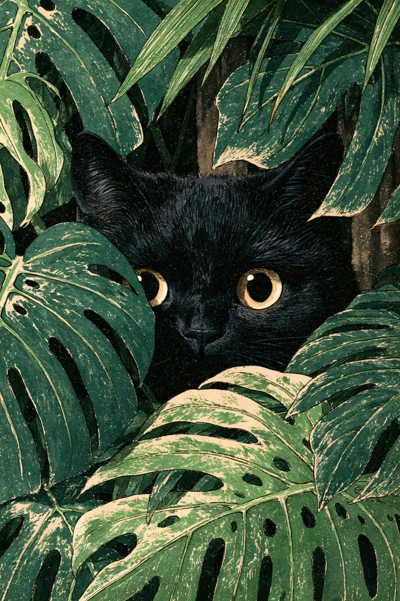 Schwarze Katze zwischen grünen Blättern