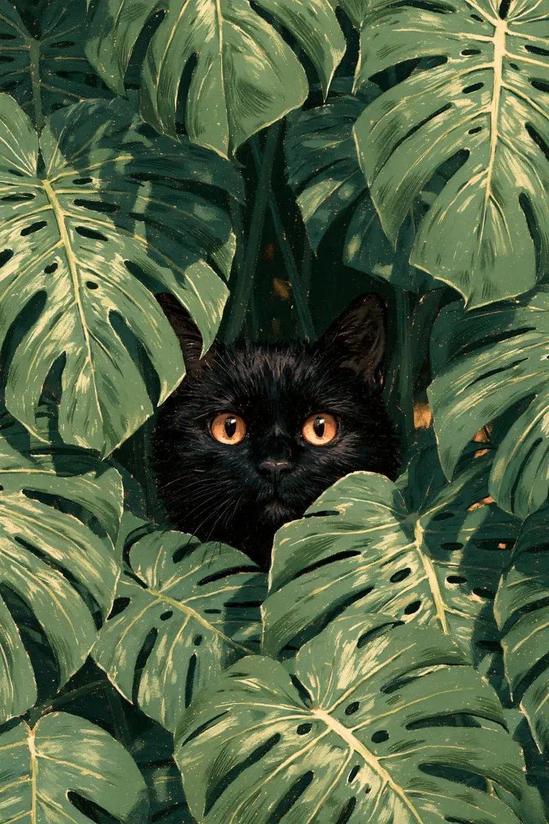 Schwarze Katze im Monstera-Dschungel