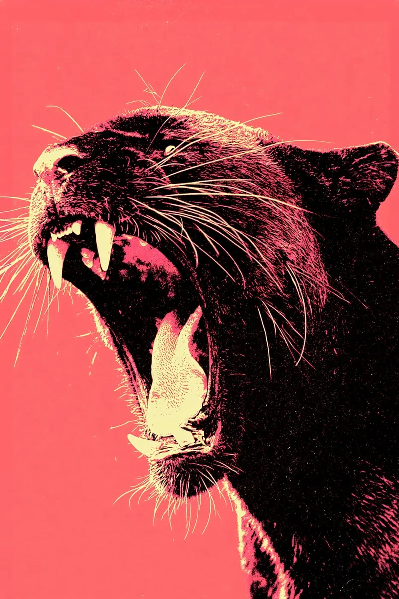 Nahaufnahme eines brüllenden schwarzen Panthers mit weit geöffnetem Maul, im kontrastreichen Pop-Art-Stil auf rotem Grund.