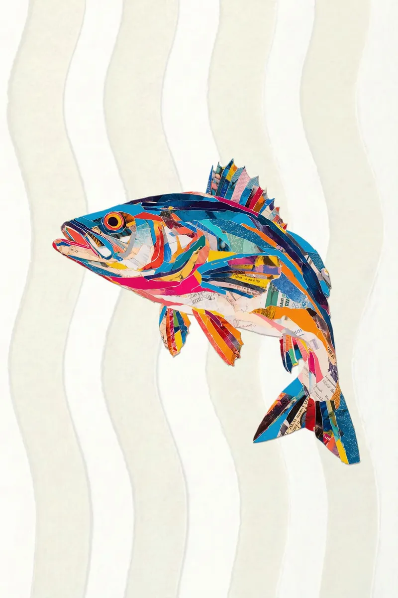 Ein bunter Seebarsch im Collage-Stil schwimmt vor einem Hintergrund aus hellen, wellenförmigen Streifen.