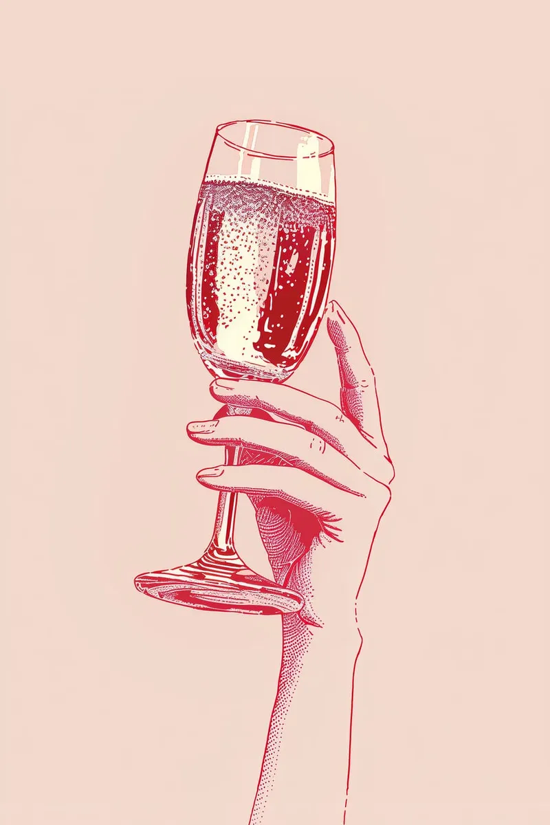 Eine stilisierte rote Illustration einer Hand, die ein Sektglas mit sprudelndem Getränk auf hellrosa Hintergrund hält.