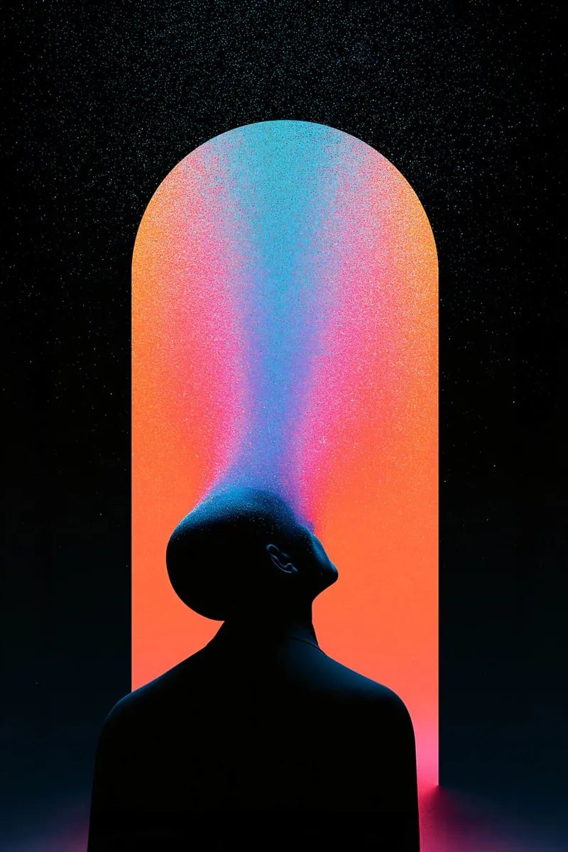 Silhouette eines Menschen vor einem leuchtenden, bogenförmigen Tor mit Partikeleffekt, im modernen digitalen Stil.