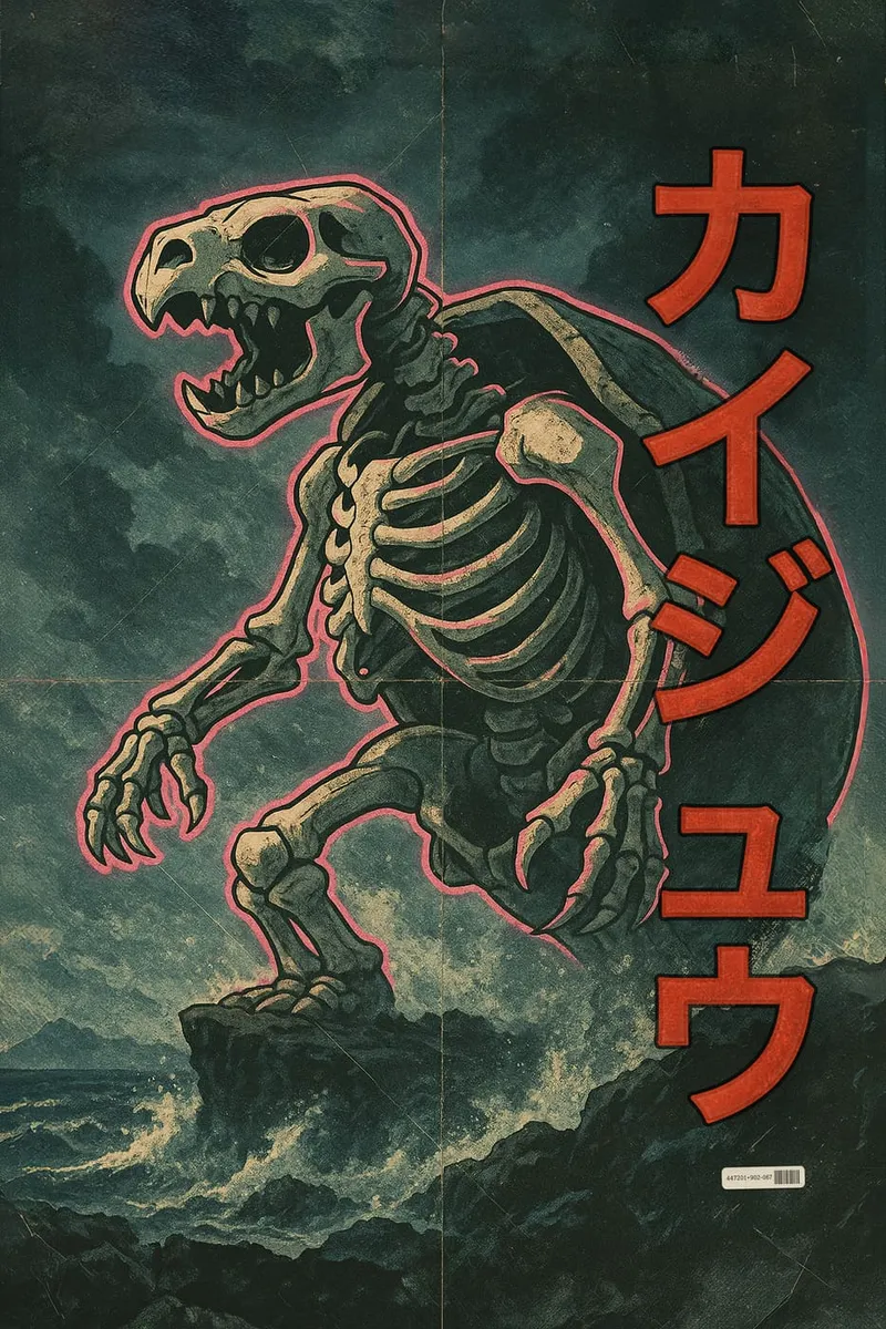 Ein Skelett einer riesigen Schildkröte auf einem Felsen im Meer, im japanischen Kaiju-Stil mit roten Schriftzeichen.