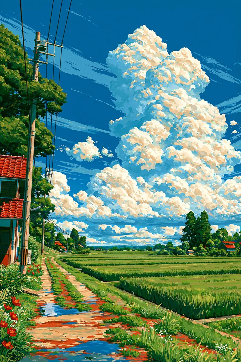 Ein Feldweg führt durch grüne Felder unter einem blauen Himmel mit großen, weißen Wolken, im illustrativen Stil.