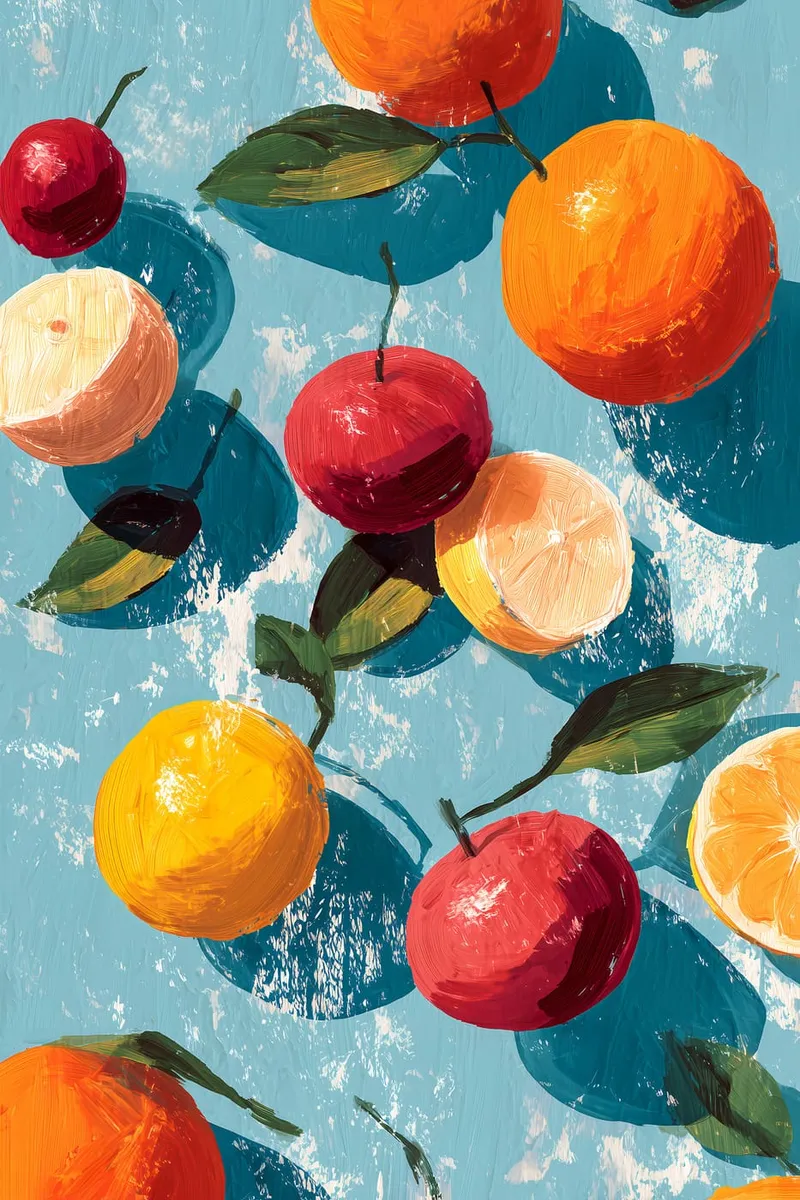 Buntes Poster mit Orangen, Zitronen und roten Beeren auf hellblauem Hintergrund im Acryl-Stil mit Spachteltextur.