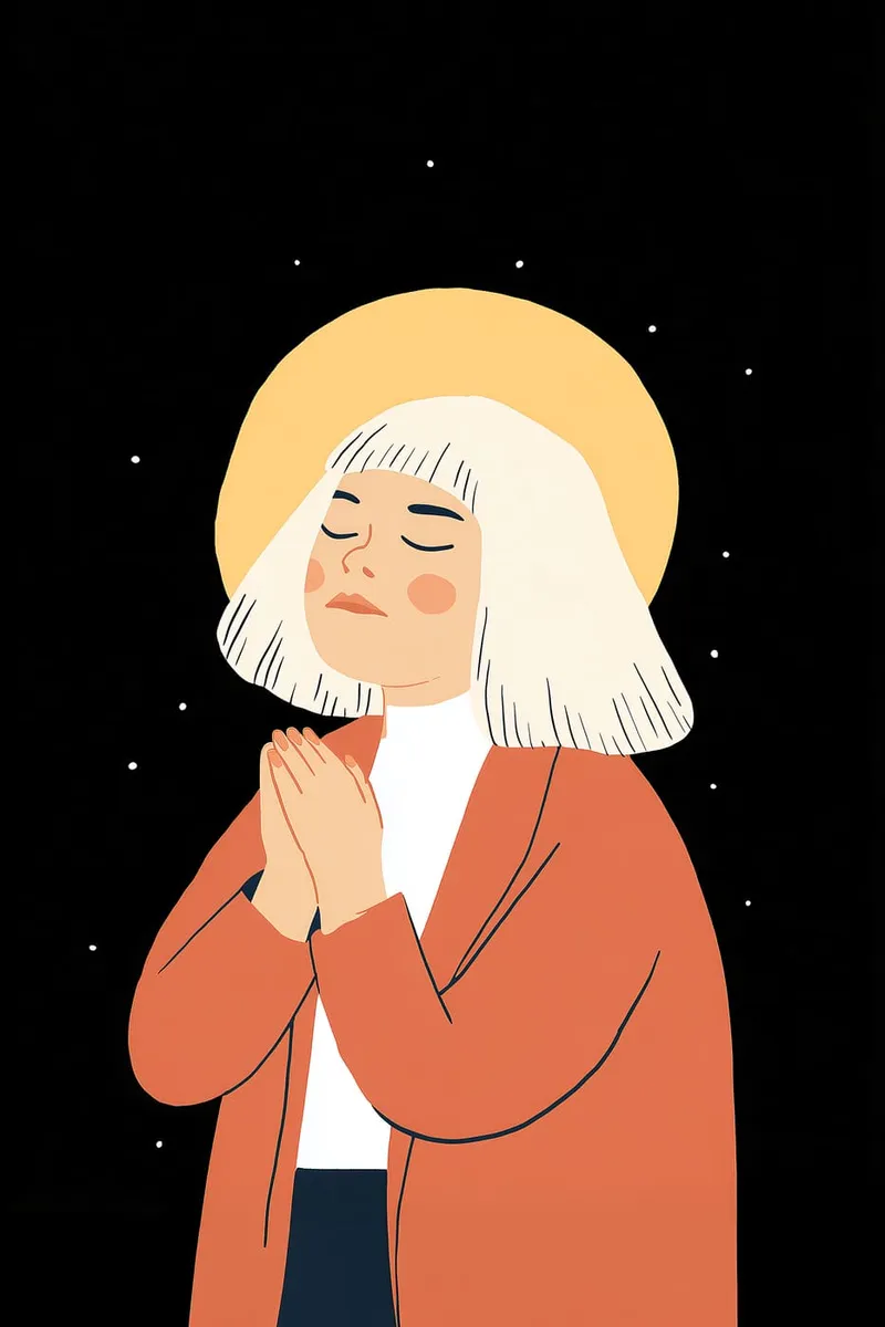 Illustration einer meditierenden Frau mit geschlossenen Augen und gefalteten Händen, umgeben von Sternen auf schwarzem Hintergrund.