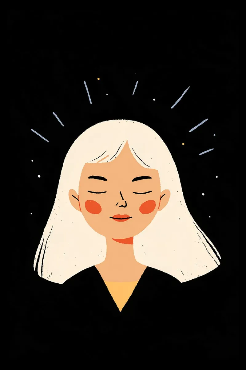 Illustration einer Frau mit geschlossenen Augen und blonden Haaren auf schwarzem Hintergrund, umgeben von strahlendem Licht.