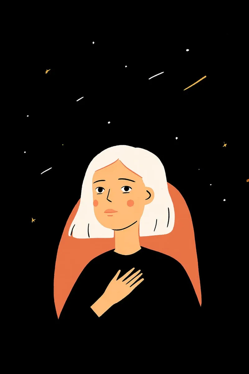 Illustration einer Frau mit weißem Haar, die ihre Hand auf das Herz legt, vor einem schwarzen Hintergrund mit Sternen.
