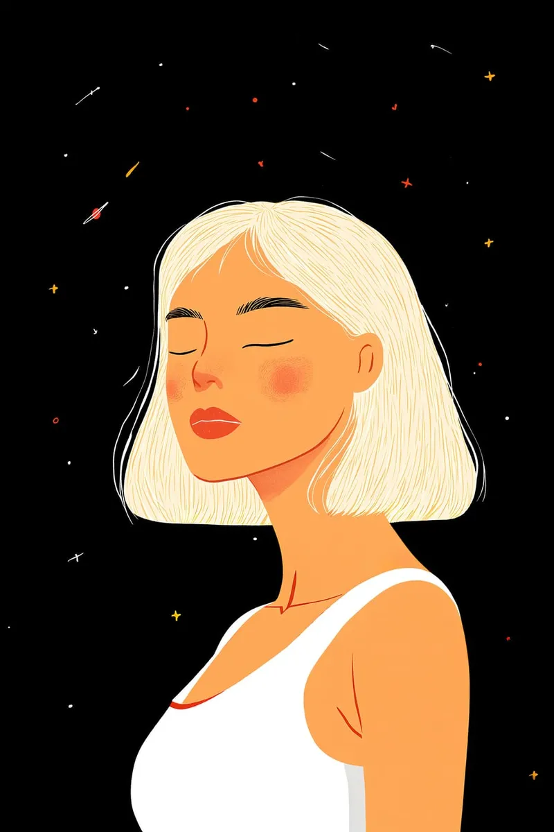 Porträt einer Frau mit geschlossenen Augen und blondem Bob vor schwarzem Hintergrund mit bunten Sternen, im Illustrations-Stil.