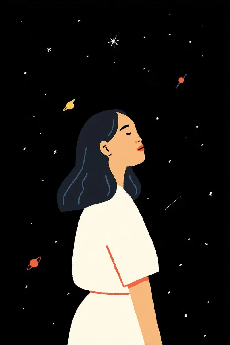 Minimalistisches Poster einer Frau, die mit geschlossenen Augen in einen dunklen Nachthimmel mit Sternen und Planeten blickt.