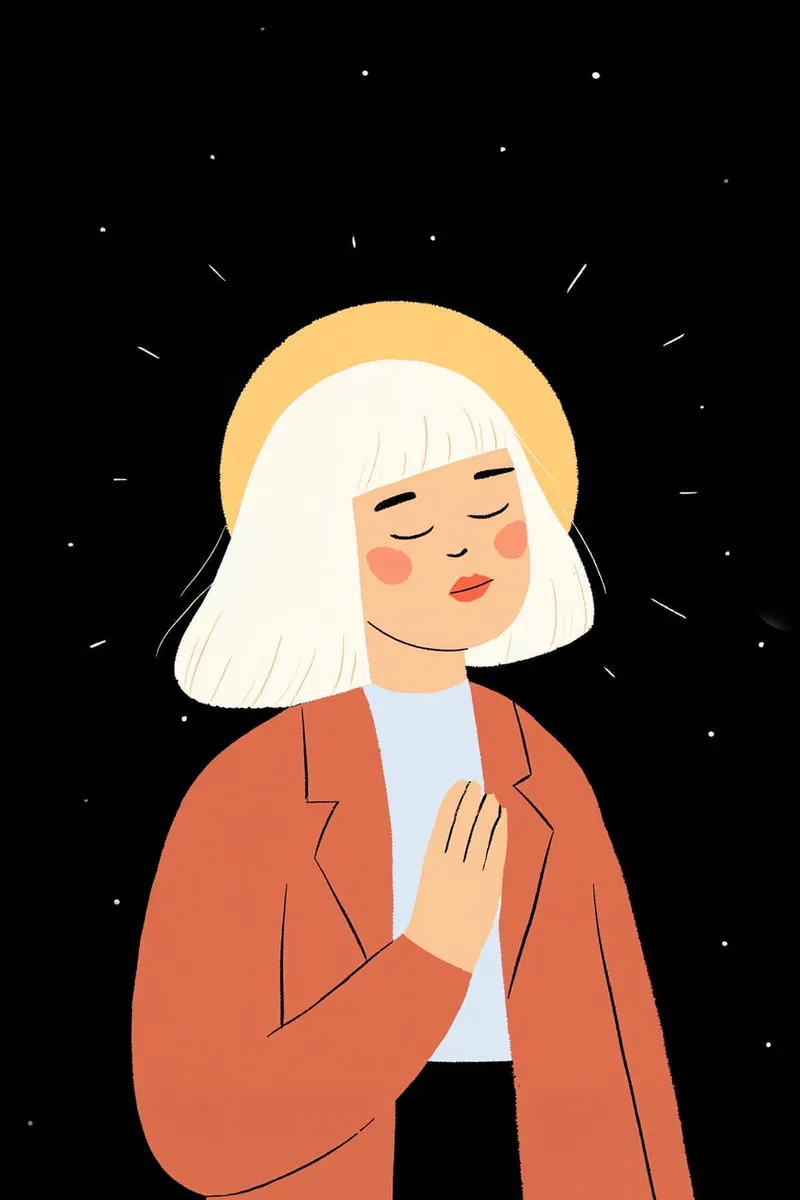 Illustration einer Frau mit geschlossenen Augen, Lichtaura und Händen über dem Herzen vor schwarzem Sternenhimmel.