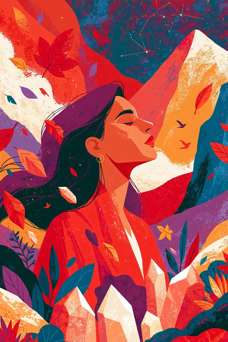 Eine Frau mit geschlossenen Augen und langen Haaren, umgeben von großen Blättern, Blumen und Mondsicheln in leuchtenden Farben, im Illustrations-Stil.