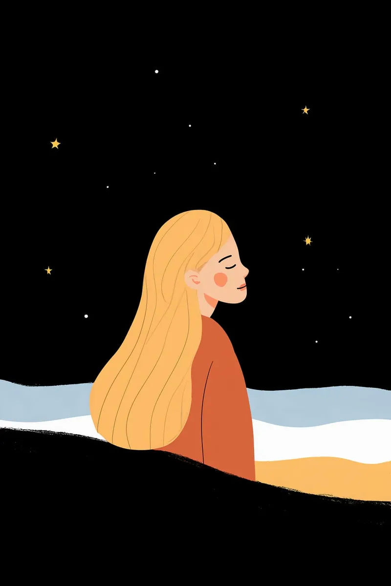 Illustration einer Frau mit geschlossenen Augen, die unter einem Sternenhimmel über abstrakten Wellen oder Land schläft/träumt.