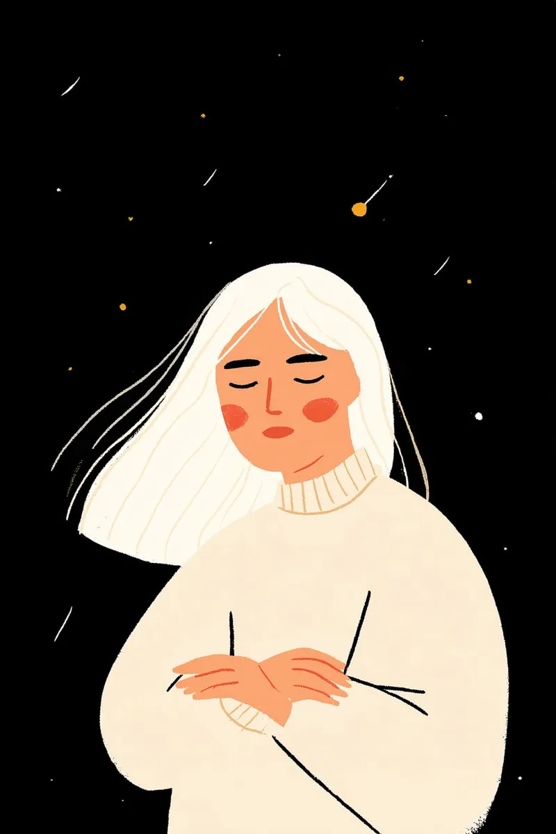 Illustration einer Frau mit geschlossenen Augen und langen blonden Haaren vor einem dunklen Hintergrund mit Sternen.