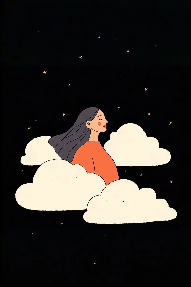 Illustration einer Frau mit geschlossenen Augen, die auf weißen Wolken unter einem dunklen Sternenhimmel schwebt.