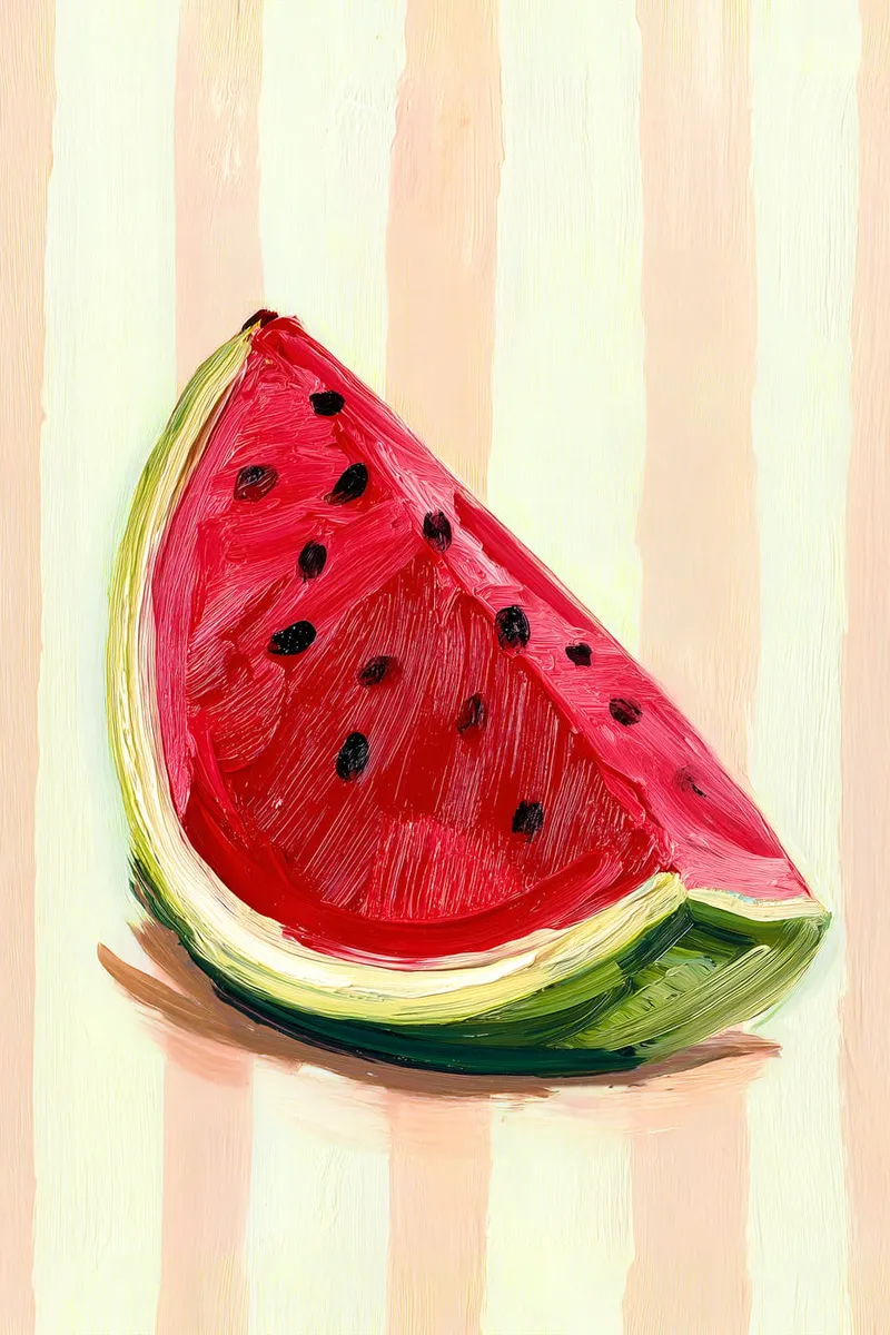 Wassermelonen-Stück im Acryl-Stil mit sichtbaren Pinselstrichen auf einem Hintergrund mit rosa und beigen Streifen.