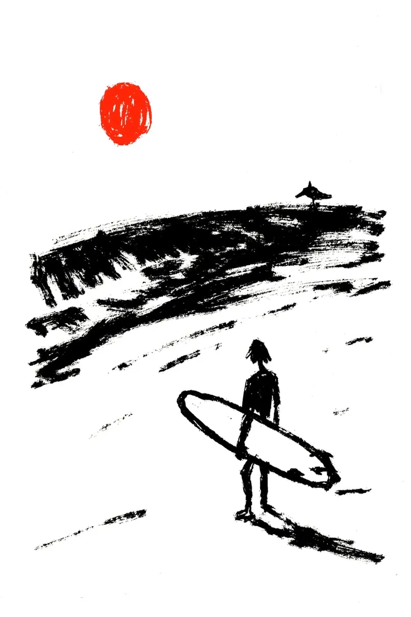 Minimalistische Skizze eines Surfers mit Brett am Strand vor einer Welle und einer roten Sonne.