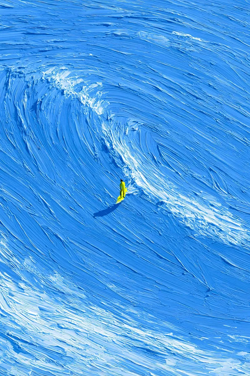 Ein Surfer in gelbem Anzug auf einer großen blauen Welle, im Stil einer Ölmalerei mit dicken Farbstrichen.