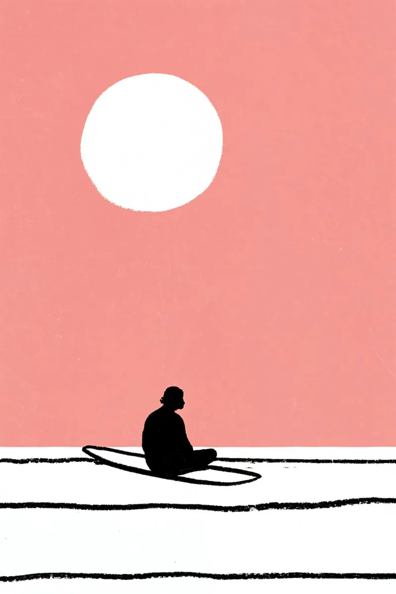 Minimalistische Illustration eines Surfers, der auf seinem Surfbrett sitzt, vor einem großen weißen Mond, rosa Hintergrund.