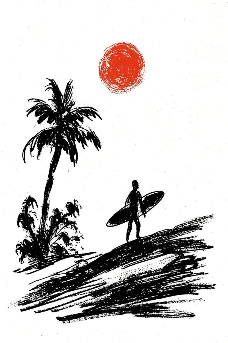 Ein Surfer mit Surfbrett steht am Strand neben einer Palme unter einer roten Sonne, im Linolschnitt-Look.