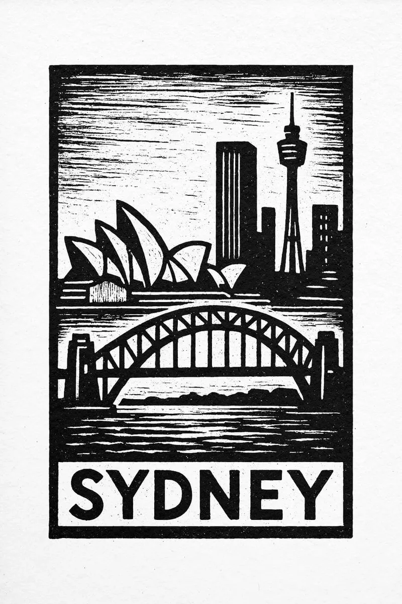 Schwarz-weißes Poster mit der Skyline von Sydney im Linolschnitt-Stil, zeigt Opernhaus, Harbour Bridge und Sydney Tower.