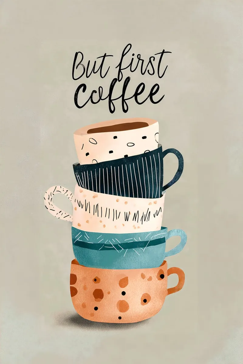 Illustration eines Stapels bunter Kaffeetassen mit verschiedenen Mustern und dem Spruch 'But first Coffee' auf beigem Hintergrund.