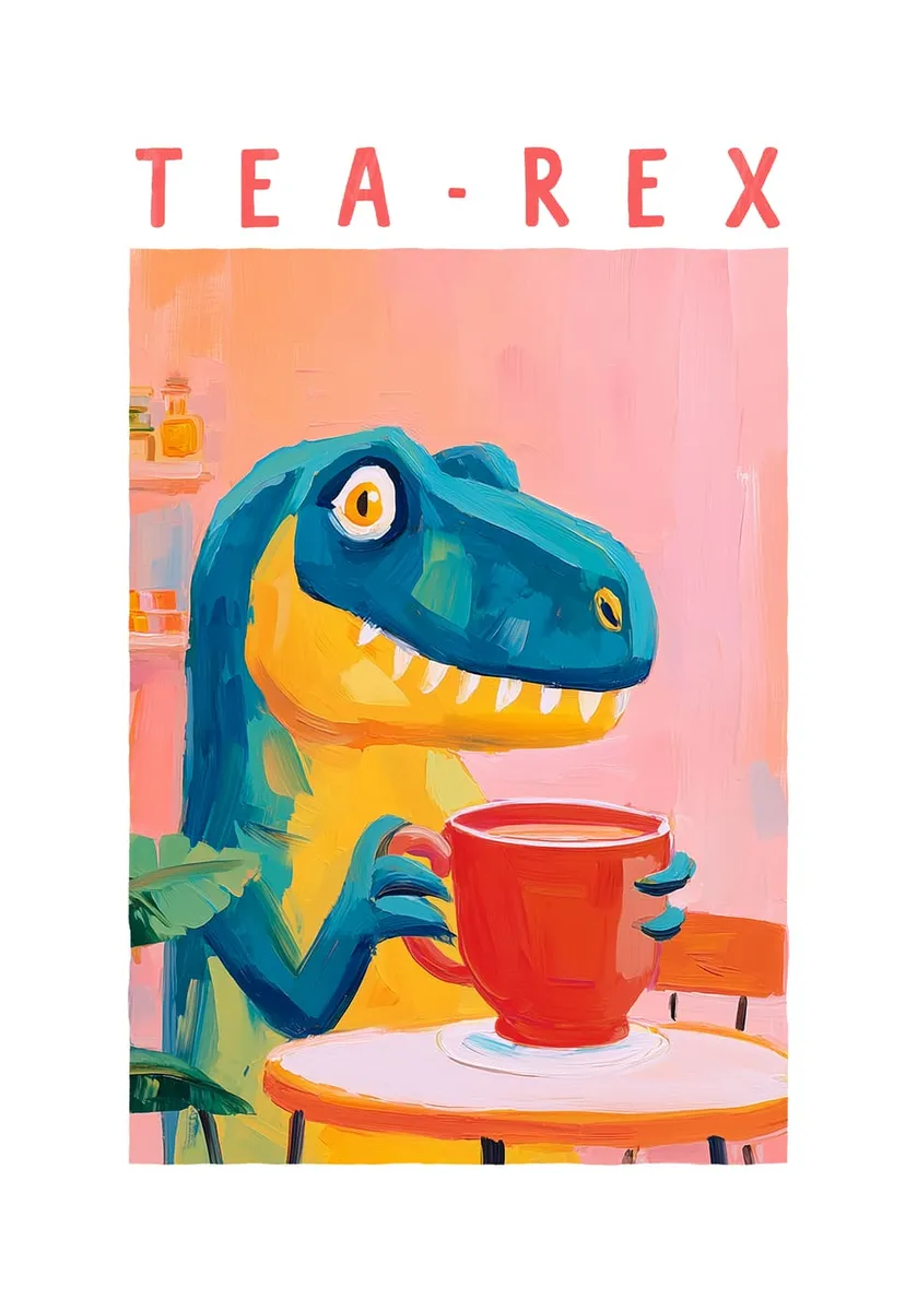 Buntes Poster im Acryl-Stil zeigt einen lustigen Tea-Rex Dinosaurier, der an einem Tisch sitzt und eine rote Tasse Tee trinkt.