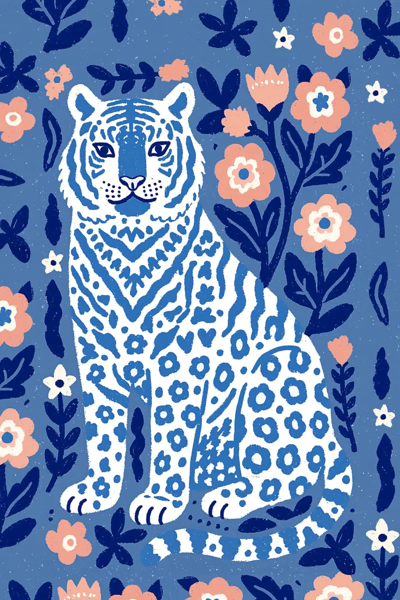 Sitzender Tiger mit floralem Muster umgeben von Blumen, im illustrativen Stil mit blauen und pfirsichfarbenen Tönen.
