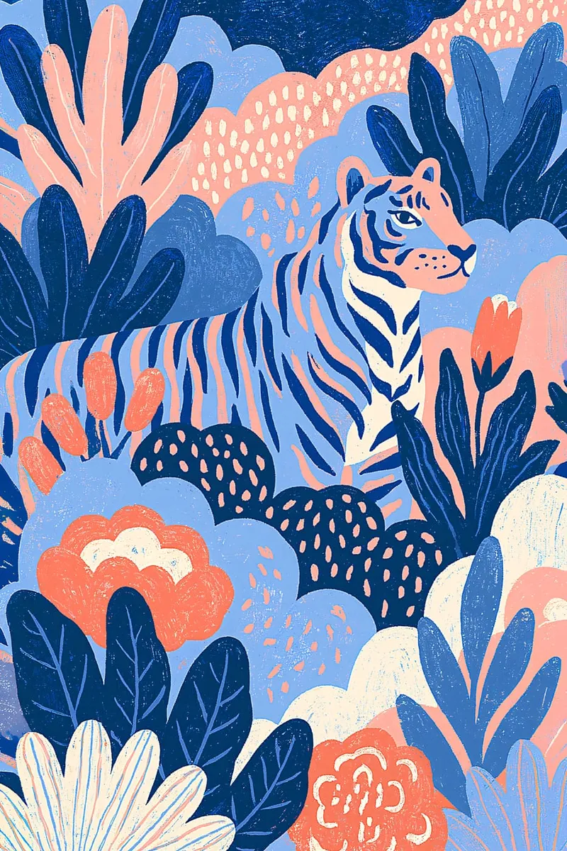 Ein Tiger inmitten von stilisierten Blumen und Pflanzen in Blau- und Koralltönen, im illustrativen Stil.