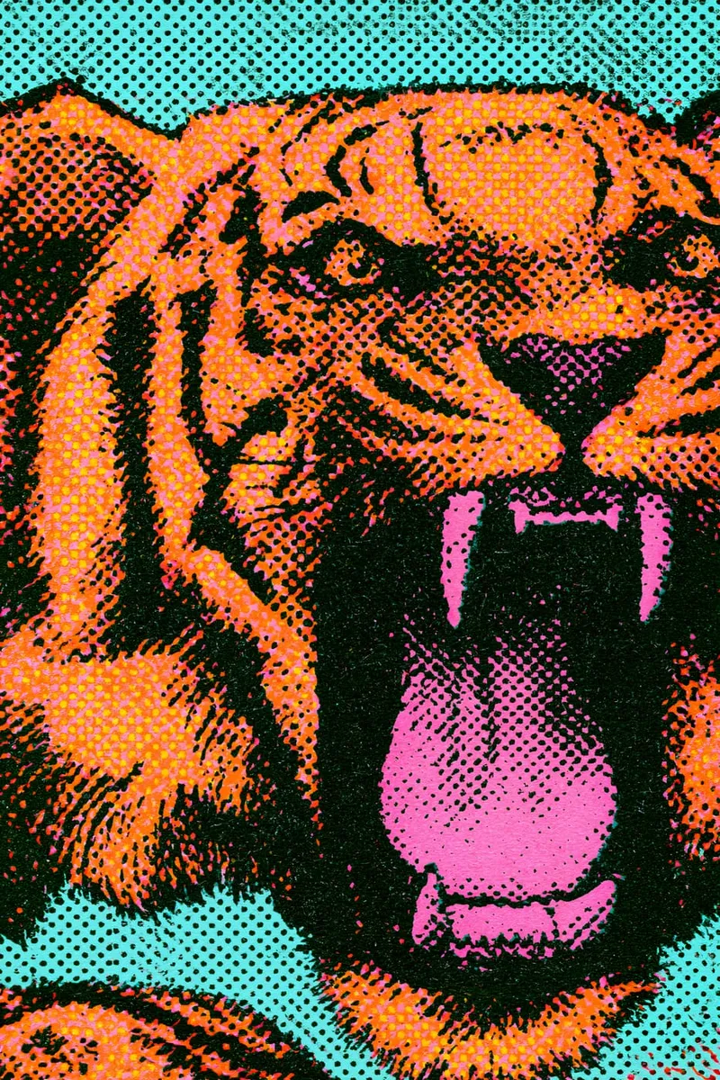 Nahaufnahme eines brüllenden Tigerkopfes im bunten Pop-Art-Stil mit auffälligem Punktmuster und leuchtenden Farben.