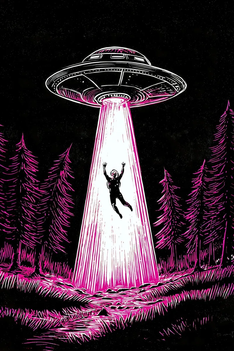 Ein UFO entführt einen Astronauten mit einem pinken Lichtstrahl aus einem dunklen Wald mit pinken Bäumen, im Linolschnitt-Look.
