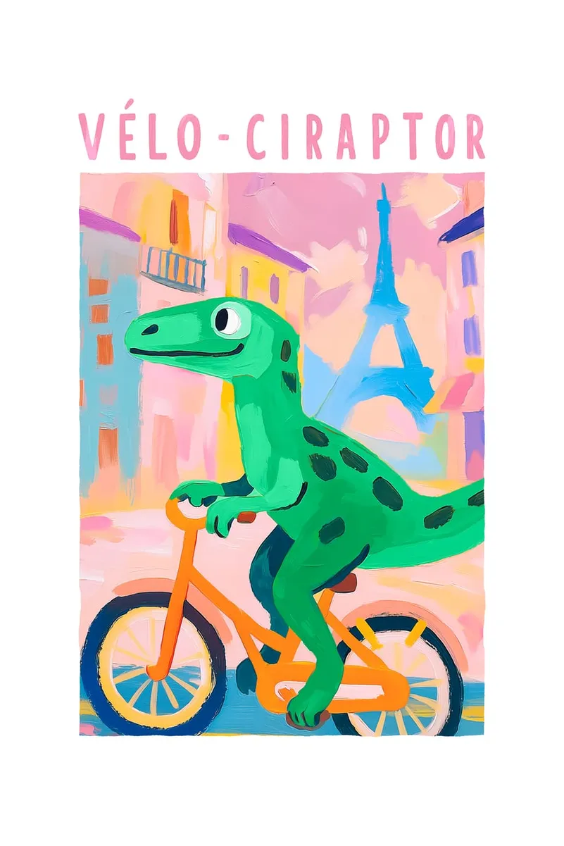 Grüner Velociraptor auf orangefarbenem Fahrrad vor pastellfarbener Pariser Kulisse mit Eiffelturm im Acryl-Stil.