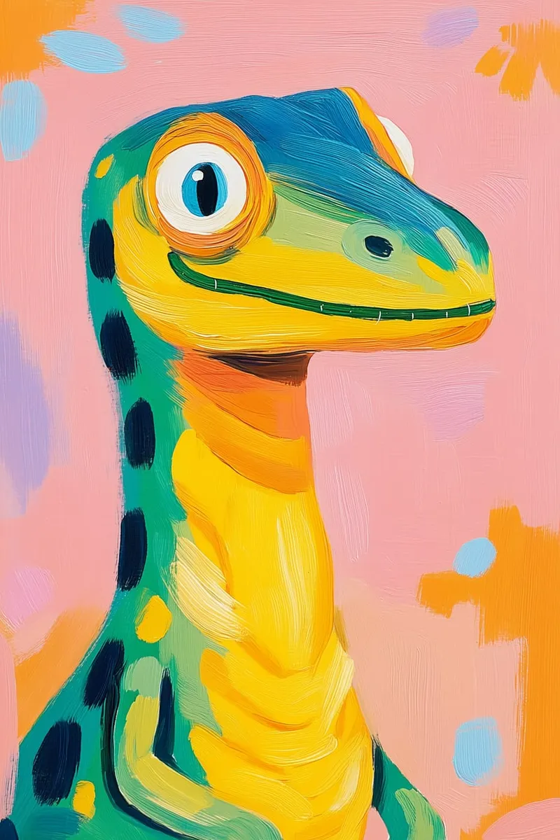 Buntes Velociraptor Portrait im Ölmalerei-Stil mit großen Augen und freundlichem Lächeln auf rosa Hintergrund.