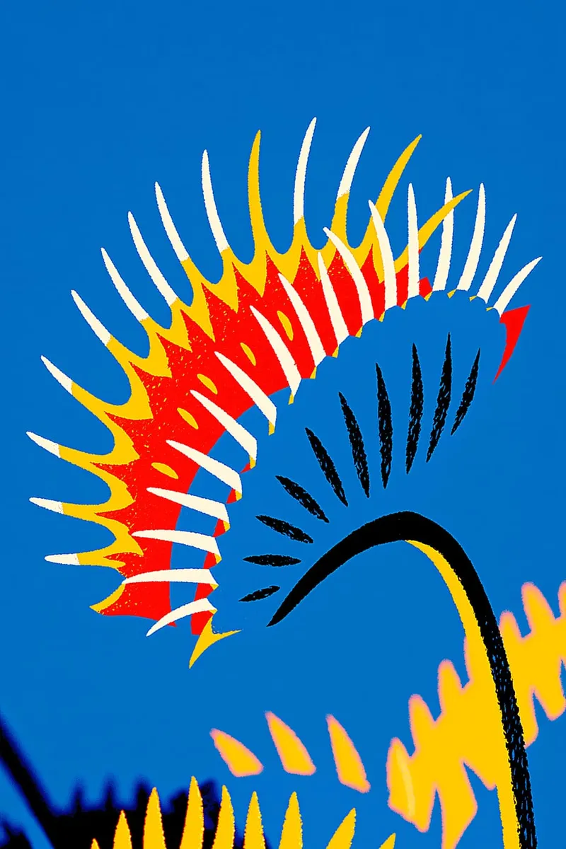 Abstrakte Illustration einer Venusfliegenfalle in kräftigem Blau, Rot und Gelb, moderner Grafik-Stil.