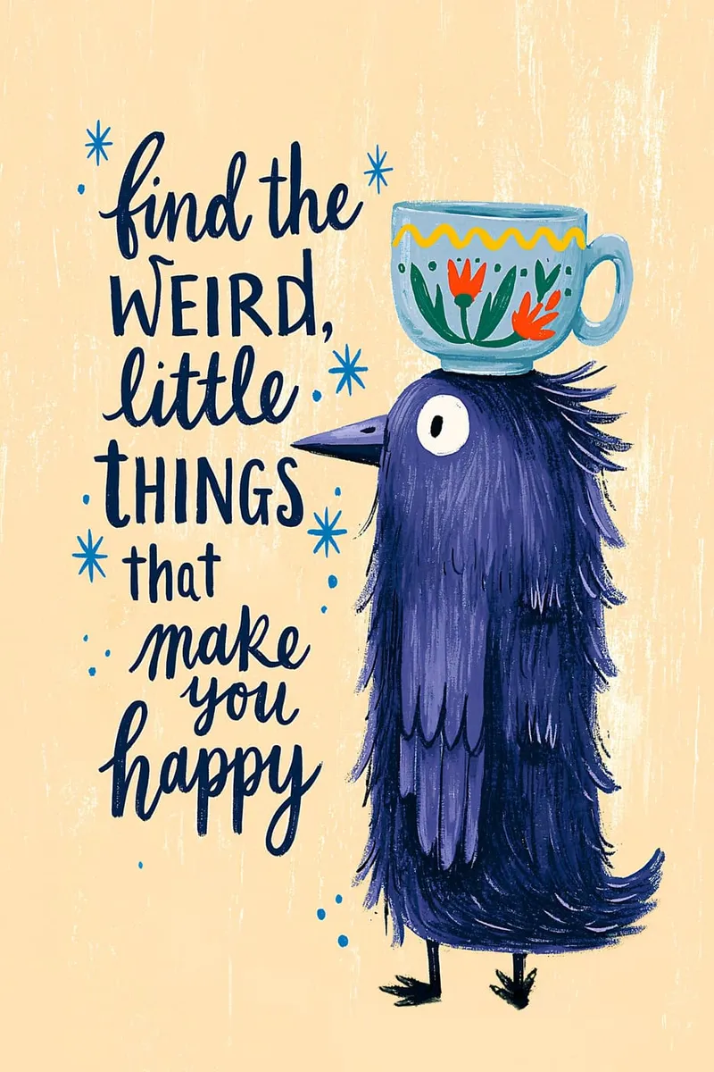 Vogel mit Teetasse „find the weird, little things“