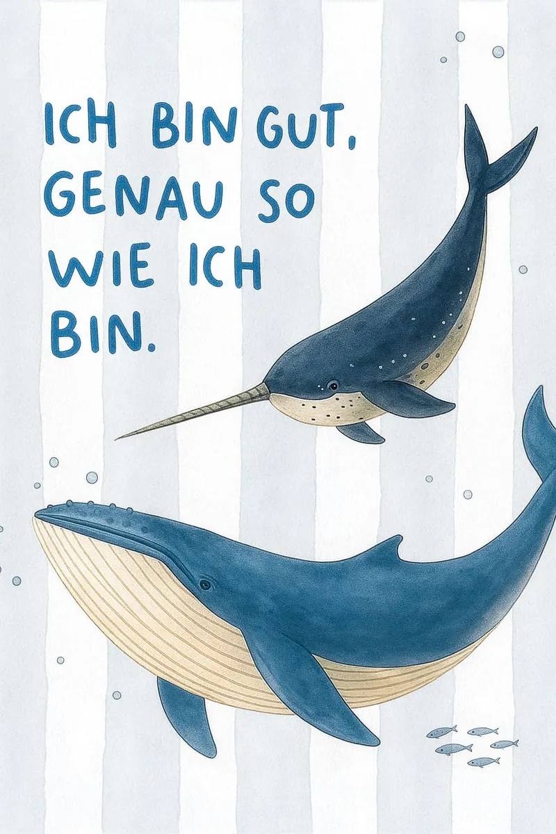 Illustration eines Blauwals und Narwals unter Wasser mit dem Text Ich bin gut, genau so wie ich bin im Aquarell-Stil.