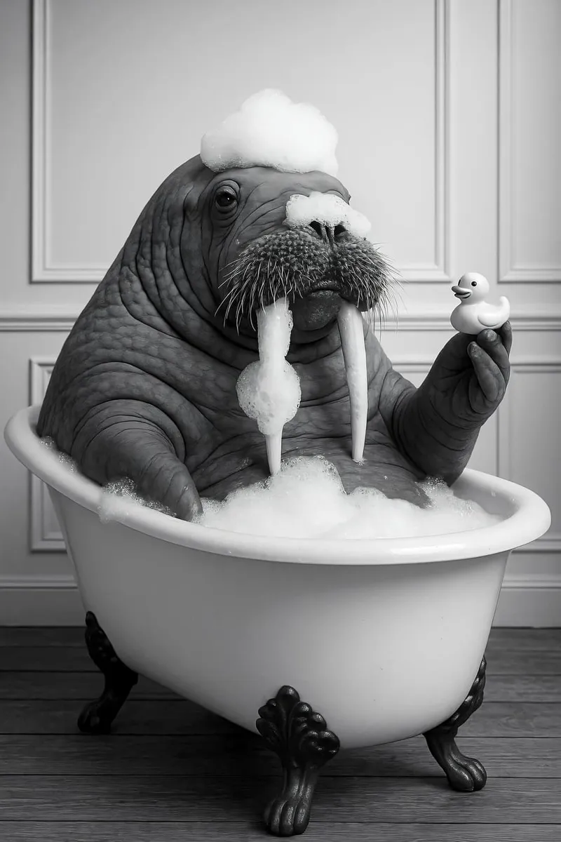 Schwarz-weißes Bild eines Walrosses in einer Badewanne mit Schaum auf dem Kopf und einer Quietscheente in der Hand.