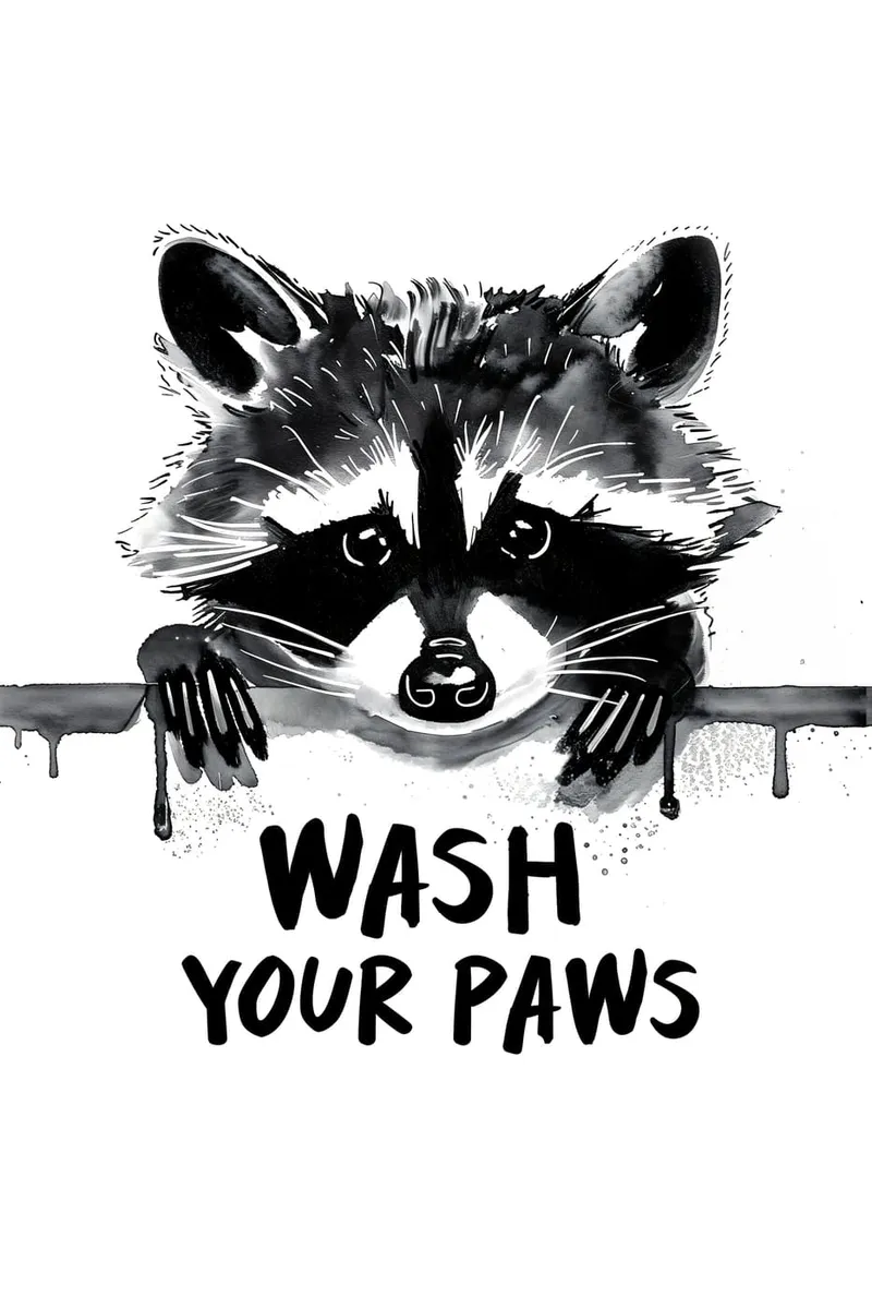 Schwarz-weißer Waschbär schaut über eine Kante, darunter der Spruch 'Wash Your Paws' in Aquarell-Stil.
