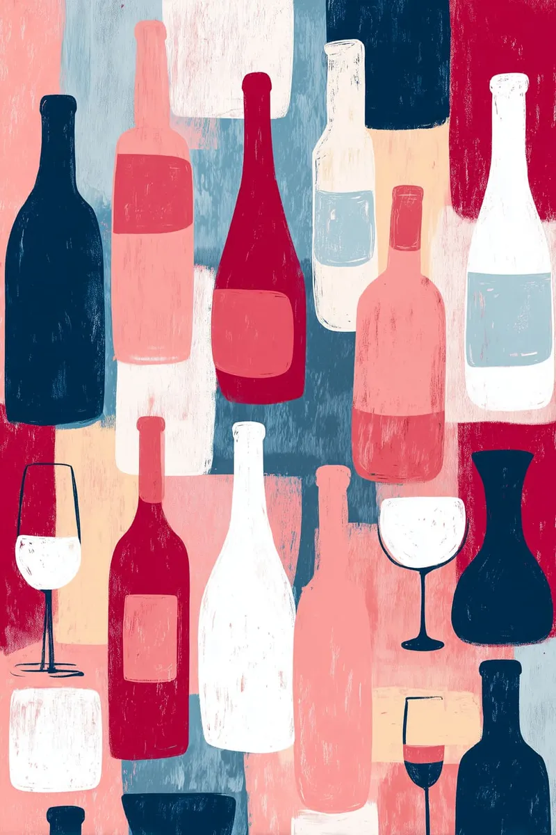 Abstrakte Illustration von Weinflaschen und Weingläsern in Rot, Pink, Blau und Beige im Malerei-Stil.