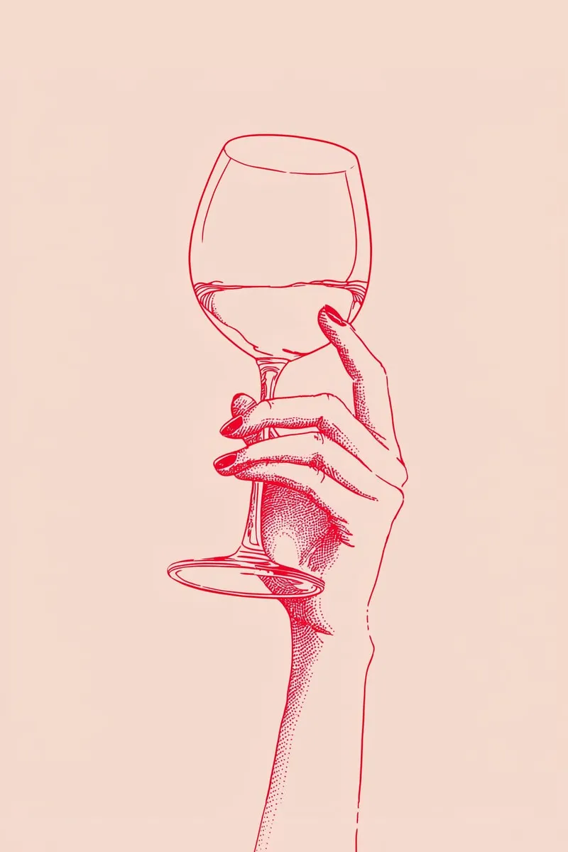 Line Art Illustration einer eleganten Hand, die ein Weinglas mit Rotwein auf einem hellrosa Hintergrund hält.