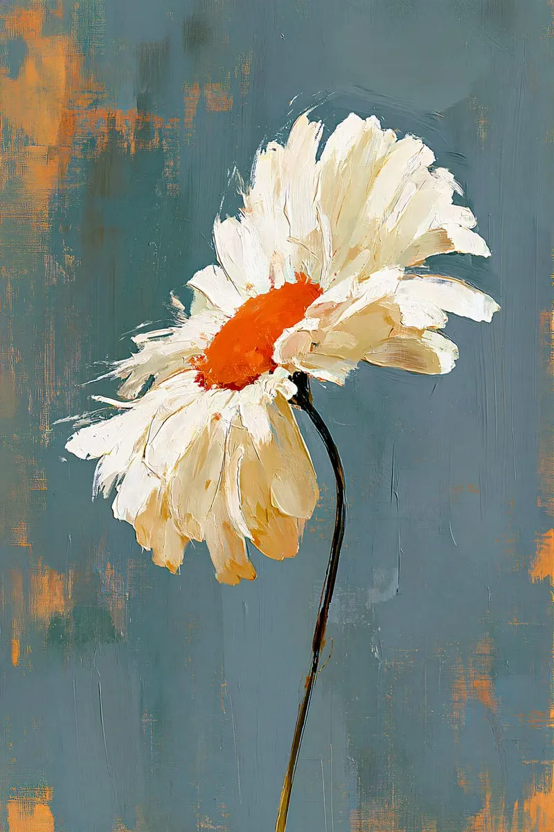 Eine weiße Margerite mit orangefarbenem Zentrum im abstrakten Ölmalerei-Stil auf grauem Hintergrund.