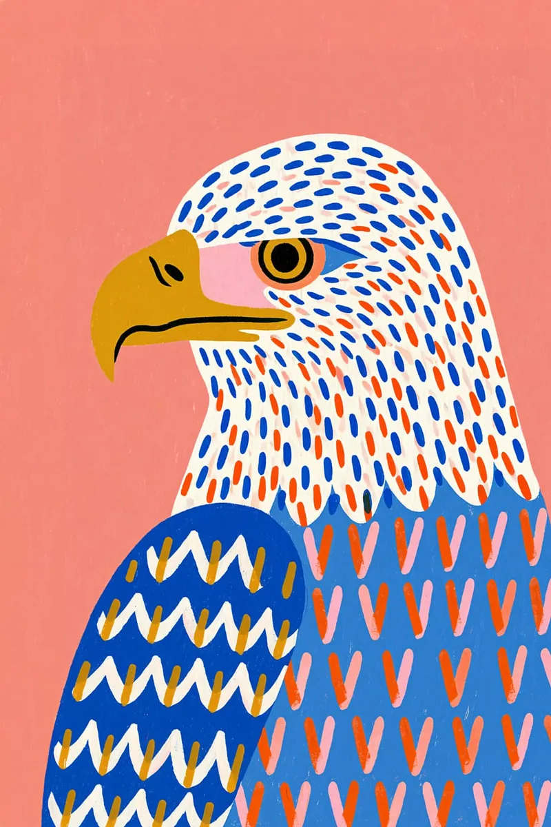 Porträt eines Weißkopfseeadlers im illustrativen Stil mit bunten Mustern auf rosa Hintergrund.