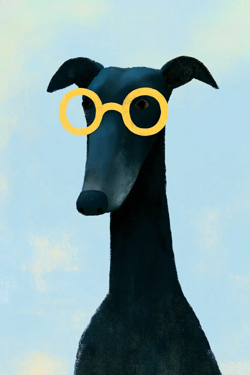 Porträt eines schwarzen Windhundes mit einer gelben, runden Brille vor hellblauem Hintergrund, illustrativer Stil.