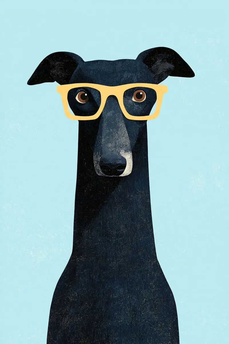 Schwarzer Windhund mit heller Brille