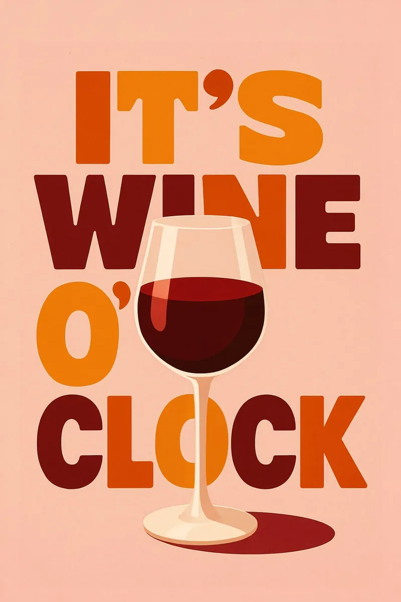Poster mit einem Rotweinglas und dem Spruch 'It's Wine O'Clock' in orange-roter Typografie auf hellrosa Hintergrund.