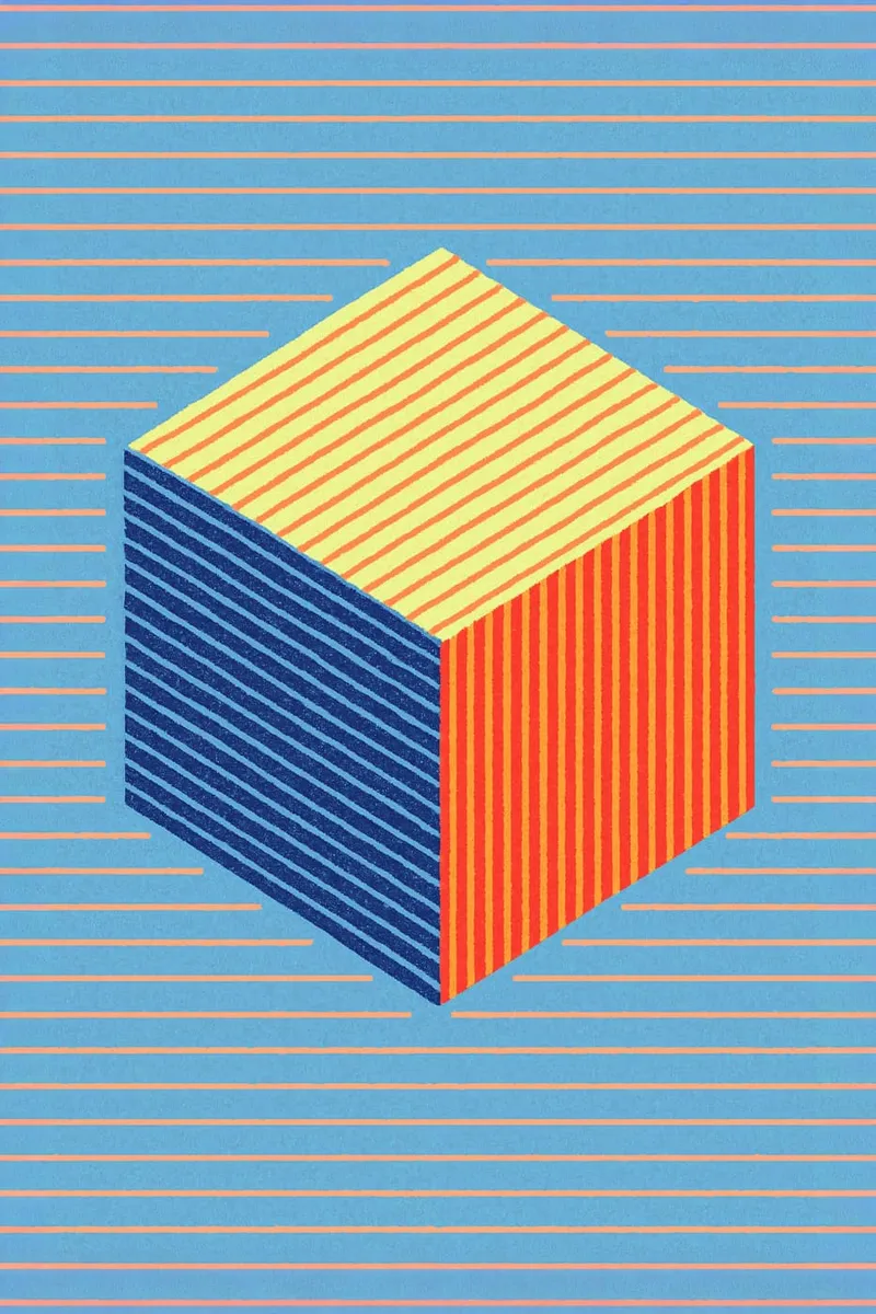 Abstrakter Würfel in Blau, Orange und Gelb mit Streifenmuster auf hellblauem Hintergrund mit horizontalen Linien.
