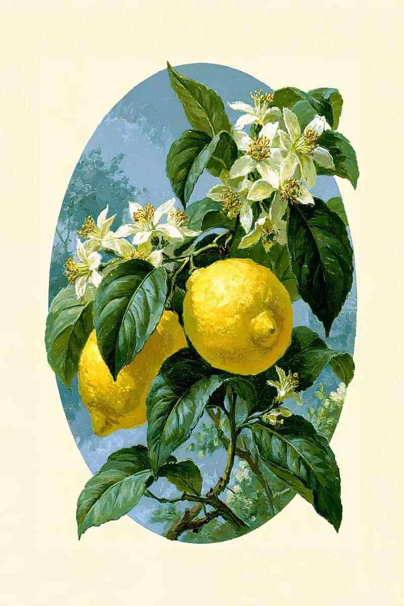 Zitronenzweig mit gelben Früchten und weißen Blüten vor blauem Hintergrund, im Stil eines Ölgemäldes.